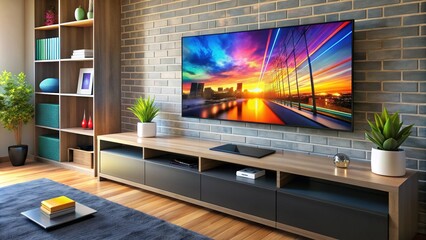 Modern entertainment center with sleek black box streaming device connected to large flat screen television displaying vibrant colorful video content on living room shelf.