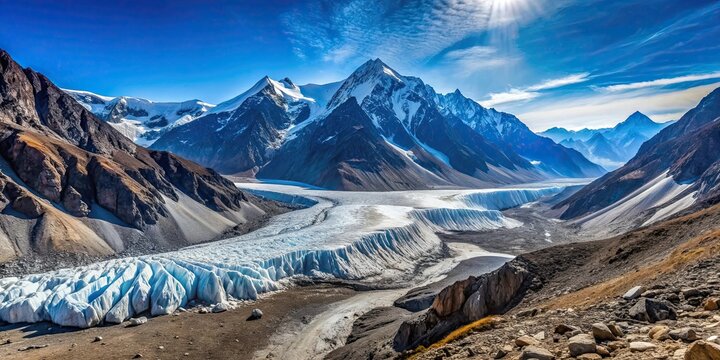 Mountain glacier at Drang Drung Glacier with clear blue skies and rocky terrain, glacier, Drang Drung