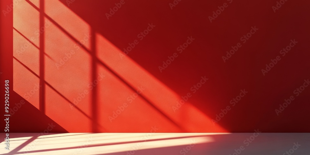 Poster a vibrant red wall casting intriguing and complex shadows, thereby creating a dynamic and playful in