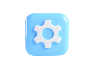 a blue square with a white gear in the center