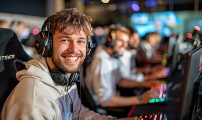 Fototapeta premium E-Sport Player Competing in Gaming Tournament: High-Energy Action and Focused Gameplay