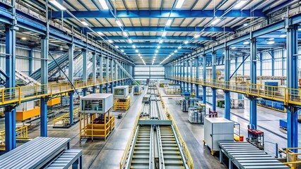 Fototapeta premium Modern factory interior with rows of towering industrial machinery and conveyor belts, illustrating a streamlined and efficient vertical production process.