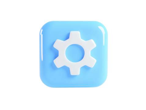 a blue square with a white gear in the center
