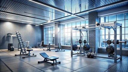 Modern fitness center with rows of exercise equipment and free weights set against a neutral gray and blue toned background with subtle grid patterns.