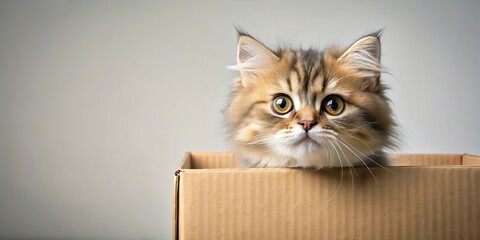 Cute Persian kitten peeking out of a cardboard box , adorable, fluffy, furry, kitten, Persian, feline, pet, box, curious, sweet