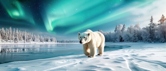 Majestic polar bear walking on snow with breathtaking aurora borealis illuminating the winter sky in a serene Arctic landscape.