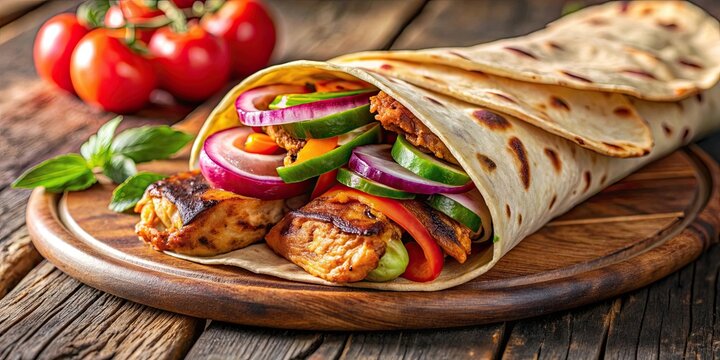 Delicious Indian street food consisting of grilled chicken, onions, peppers, and spices wrapped in a paratha