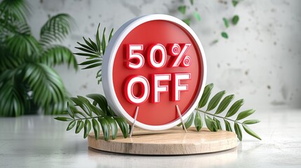 3D-illustration of a sale sign with a 50% off offer, surrounded by green leaves. Perfect for promotions and discounts.