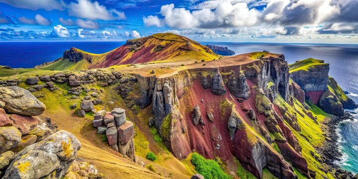 A close-up view of the colorful rock formations inside Orongo volcano on Easter Island, volcano, Orongo