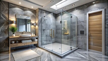 Modern glass shower enclosure with frameless glass door and sleek chrome handle in a luxurious contemporary bathroom with gray marble floors and walls.