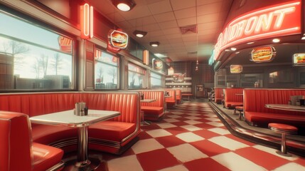 Brightly lit diner features red booths and checkered flooring with a nostalgic vibe, inviting patrons to enjoy meals and conversation.