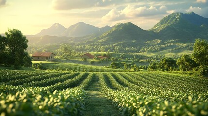 Lush Organic Farm with Vibrant Green Fields and Abundant Crops in 3D