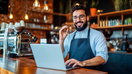 Fototapeta premium A barista multitasking in a cozy coffee shop, taking an order over the phone while managing a laptop. The warm, inviting atmosphere highlights the dynamic nature of modern cafÃ© ope