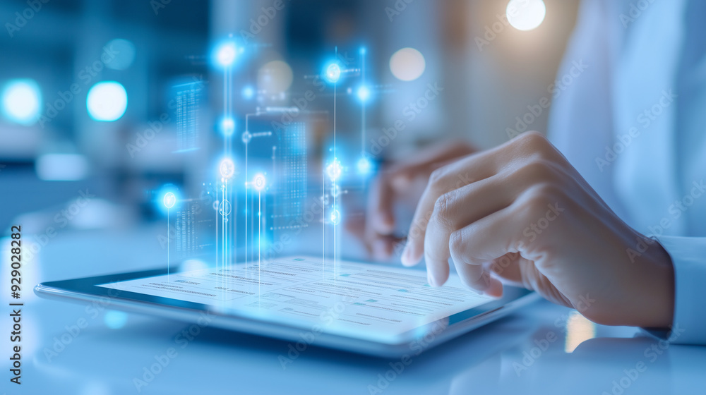 Poster close-up of a person using a tablet to review a detailed project timeline during a team meeting. the