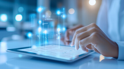 Close-up of a person using a tablet to review a detailed project timeline during a team meeting. The setting emphasizes the integration of digital tools in collaborative workspaces