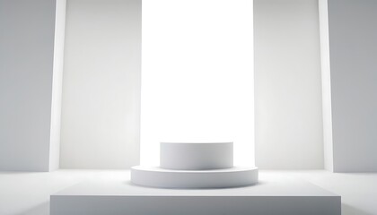 Empty gallery interior with circle podium, columns and inclined walls. Modern building corridor, museum hall with white round platform and pillars,5