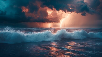 Fototapeta premium Dramatic stormy seascape with lightning striking through dark clouds and reflecting in the water.