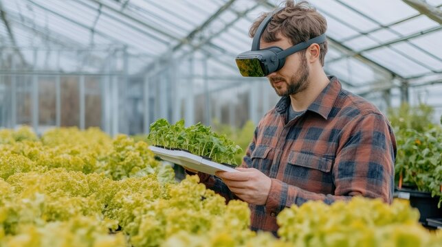 A researcher examines lettuce plants using virtual reality technology inside a well-lit greenhouse - Powered by Adobe