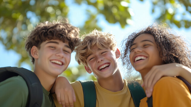 A group of diverse students laughing and hugging, showcasing unity and excitement about the new school year