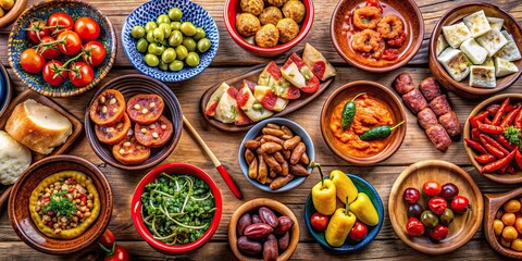 Fototapeta premium A colorful and diverse spread of traditional Spanish tapas , Tapas, Spanish, appetizers, variety