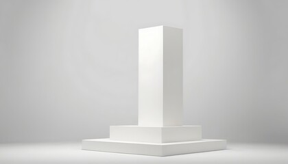 Fototapeta premium Empty gallery interior with circle podium, columns and inclined walls. Modern building corridor, museum hall with white round platform and pillars,10