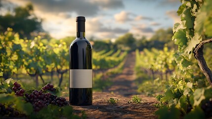 Stylish 3D Rendered Organic Wine Bottle with Serene Vineyard Backdrop