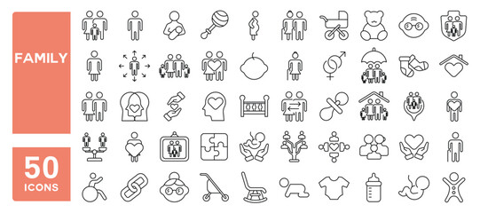 Set of 50 line icons related to family, parents, mother, father, son, daughter, children, baby, grandparents, grandfather, grandmother, Editable stroke. Vector illustration