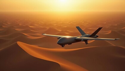 A UAV flies over a vast Middle Eastern desert, with warm landscape tones contrasting its cold metallic body, creating depth and space for text.