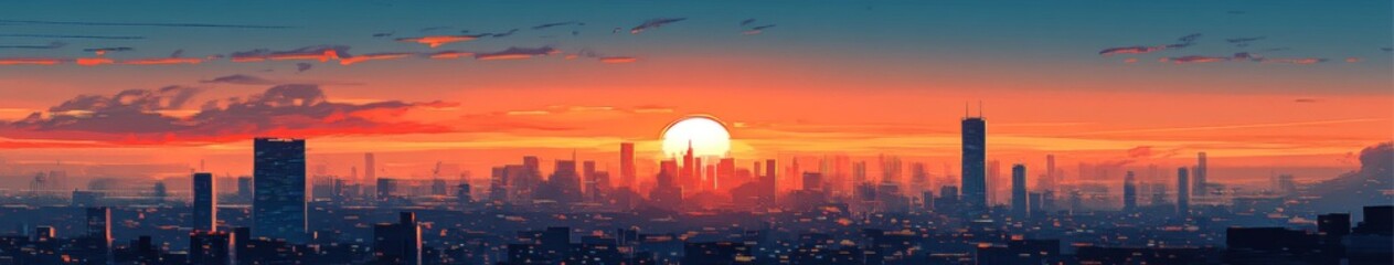 Fototapeta premium Enchanted anime-style City Skyline at Golden Hour: A Creative Marketing Concept Illustrating the Commuter's Journey,Anime-Style,illustration,Picture BooksFor Poster,Novel,UI,WEB,Game,Design,Abstract