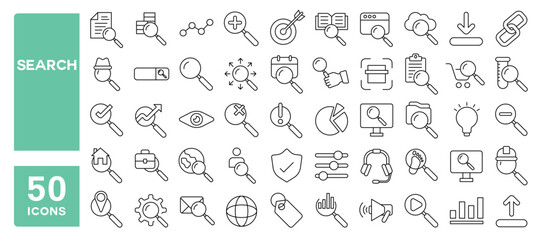 Set of 50 line icons related to search, magnifying glass, find, research, SEO, investigation, magnifier, inspection, detect, responsibility, Editable stroke. Vector illustration