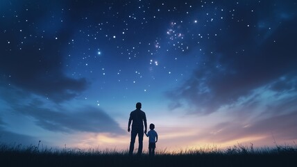 A silhouette of Dad an son on a meadow under a starry sky background