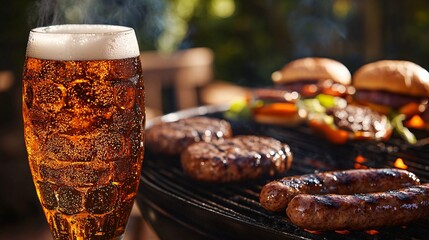 A summer barbecue scene with a cold, refreshing craft lager in the foreground, and a grill loaded with burgers and sausages sizzling in the background