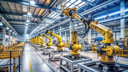 Fototapeta premium Modern industrial robots and machinery operate in a large, well-lit factory, with advanced technology and automation evident throughout the manufacturing facility.
