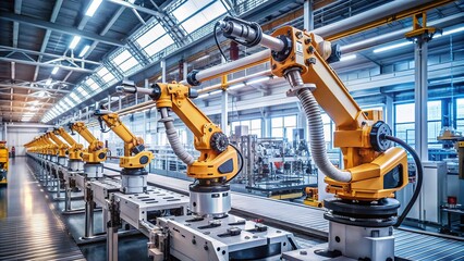 Fototapeta premium Modern industrial robot arm performs precision assembly task, effortlessly executing repetitive process automation, increasing efficiency and productivity in a futuristic manufacturing environment.