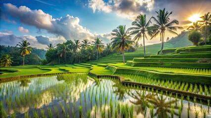 Naklejka premium A scenic view of a lush organic rice field, organic, agriculture, farmland, sustainable, growth, harvest, natural, countryside
