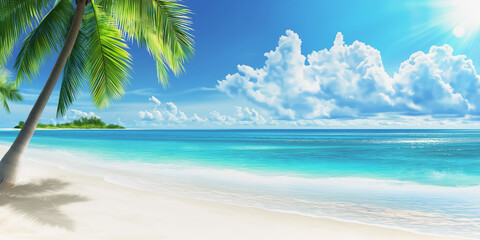 Beautiful beach scene with crystal clear blue water, white sand beach, palm trees swaying in the wind, sunny day, bright, realistic. Image generated by AI