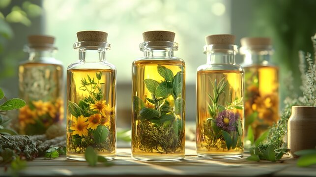 Organic Herb Infused Oils in Elegant Glass Bottles 3D