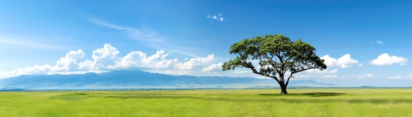 Fototapeta premium A serene panoramic landscape featuring a lone tree against the backdrop of mountains under a blue sky with white clouds.