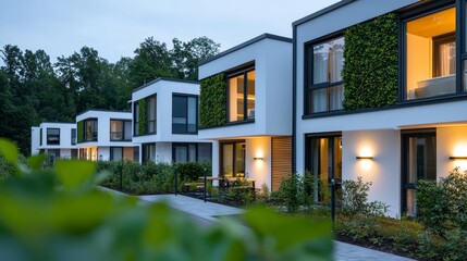A modern eco-friendly apartment complex with shared spaces, green walls, and solar-powered lighting