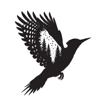recommend clip art: silhouette of Woodpecker filled with nature view in rough drawing