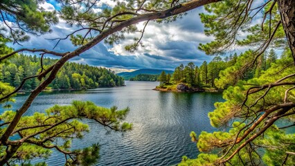 Scenic view of Rainy Lake Tsivlos through the tree branches, nature, landscape, water, reflection, trees, branches, rainy day