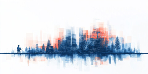 Obraz premium A city skyline with a person walking in the foreground