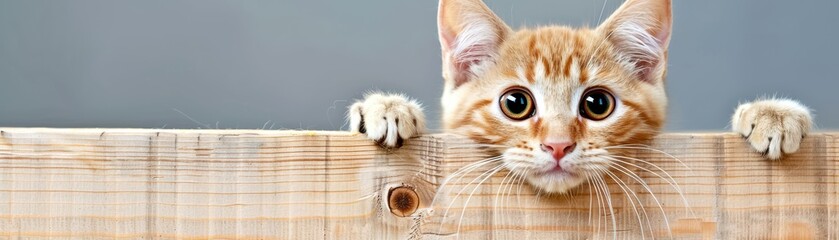 Adorable curious orange tabby cat peeking over a wooden fence, with big eyes and a playful expression, against a neutral background.