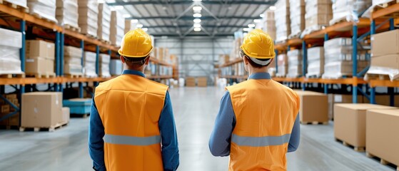 Two workers in high-visibility vests and helmets inspect a large warehouse filled with shelves of boxes and goods.