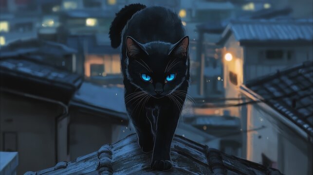black cat with blue eyes walks on rooftops anime style