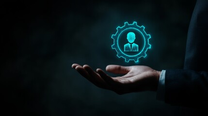Human Resources Management: Digital Gear Icon in Hand