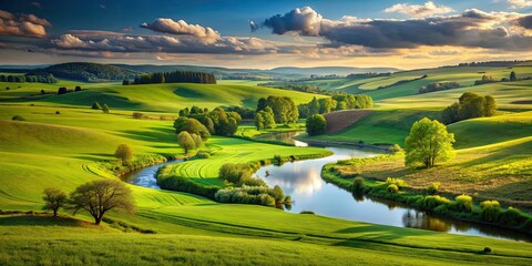 Obraz premium Idyllic rural landscape with rolling hills, lush green fields, and a peaceful river , picturesque, rural, landscape, hills