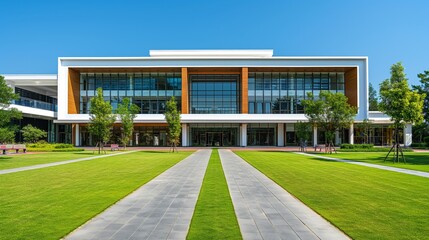 Modern campus building with large glass windows, green lawns, and a symmetrical pathway on a sunny day.