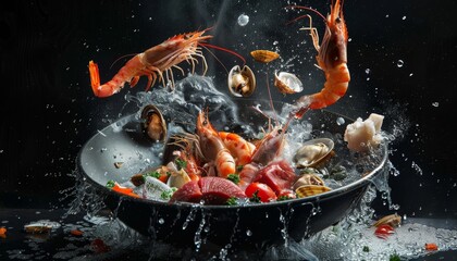 Assorted seafood in a frying pan against a black backdrop, highlighting seafood cooking art for