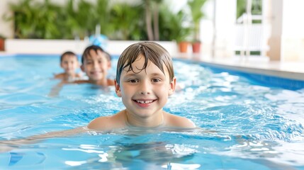 Happy children playing in a swimming pool, enjoying a summer day filled with fun and laughter.